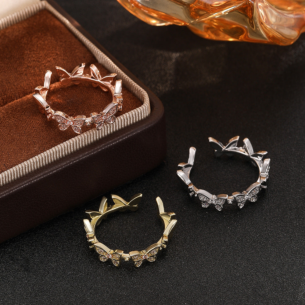 Wholesale Trendy Gold Butterfly Rhinestone Adjustable Ring Copper Zircon Fashion Jewelry Accessory For Men Women Everyday Wear Gift