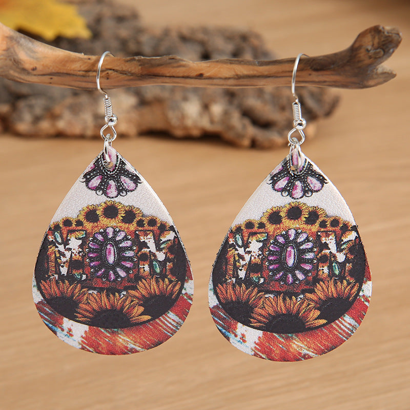 Wholesale Leather Drop Earrings with Sunflower MOM Design,  Turquoise Embossed,  Trendy Mother' s Day Jewelry Accessory for Gifting