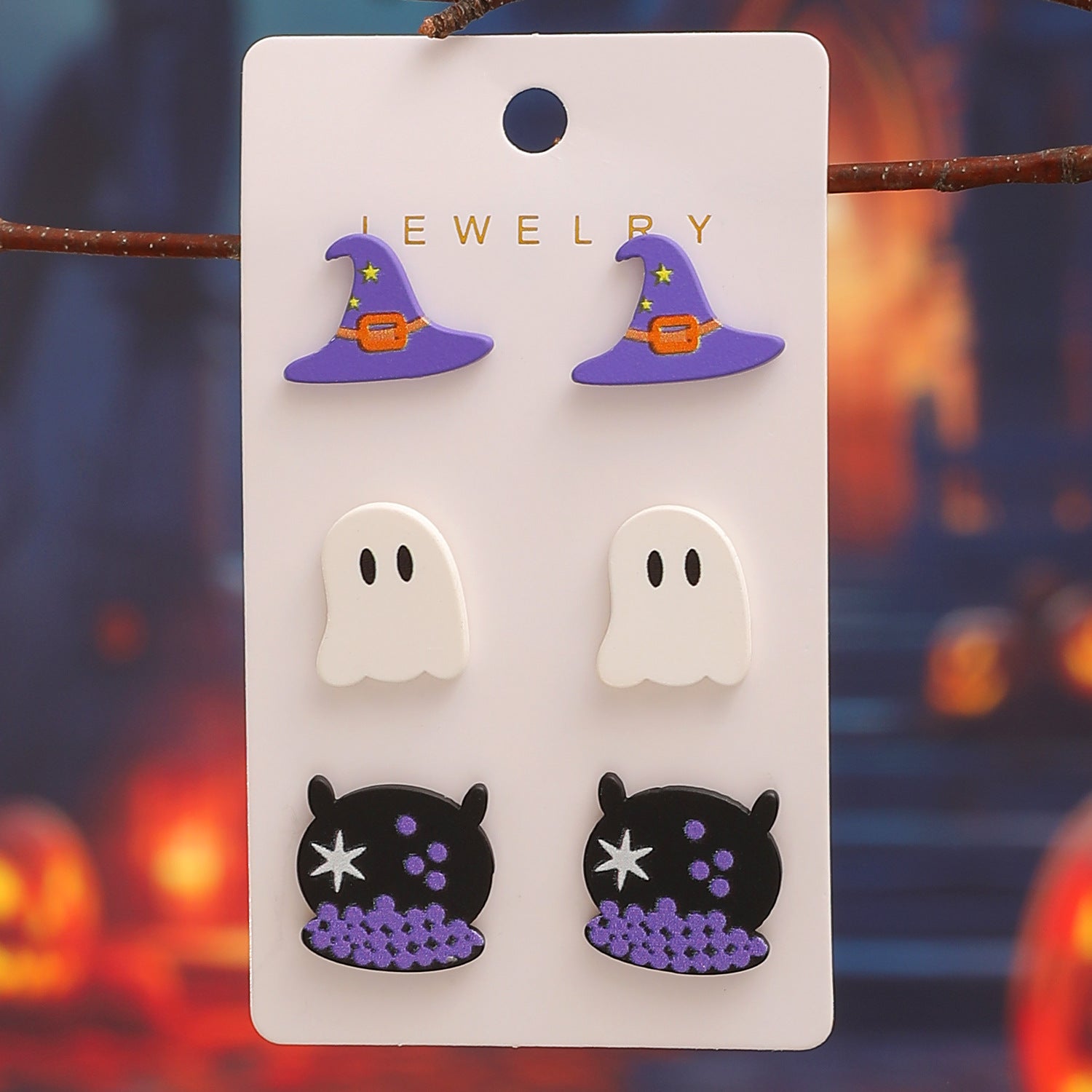 Wholesale Acrylic  Earrings - 3 Pair Set of Witch Hat and Ghost Stud Earrings for Party Wear Boutique Resale