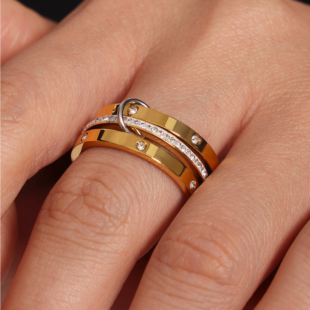 Wholesale  Titanium Steel  gold-plated multi-layer middle with diamond ring