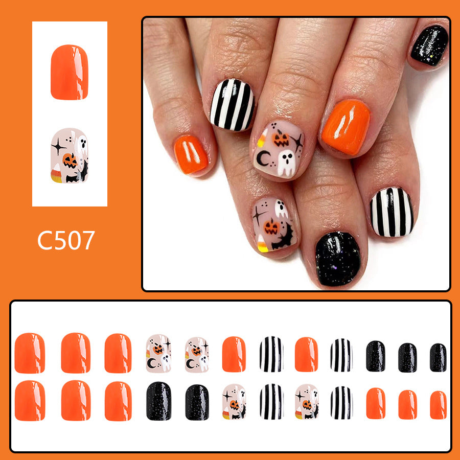 Wholesale 24 Pieces/box Halloween Ghost Pumpkin Glossy Press-on Nails Kits Nail Stickers ACC-NS-GuaiXL070