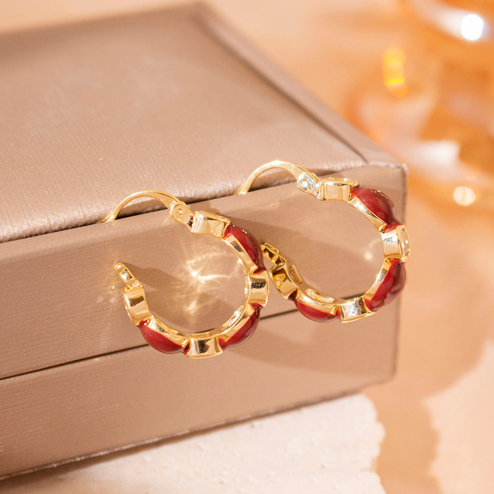 Wholesale  Red Drop Glaze Circle Ear Buckle  Light Luxury  Zirconium Earrings