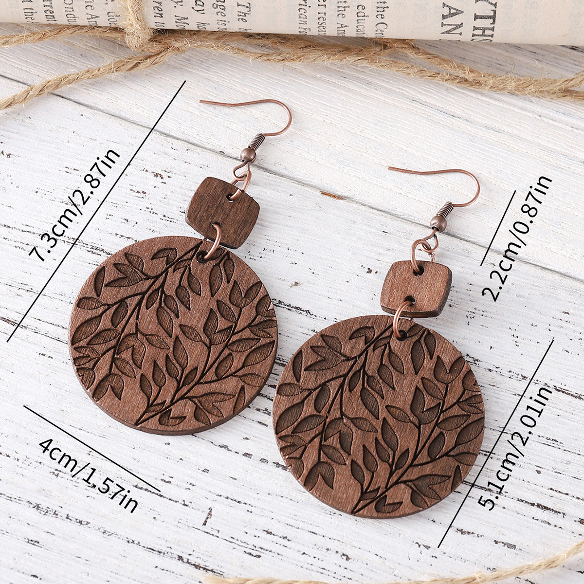 Wholesale Leaf Round ing Pendant Earrings Bohemian Wooden Double-sided  Earrings