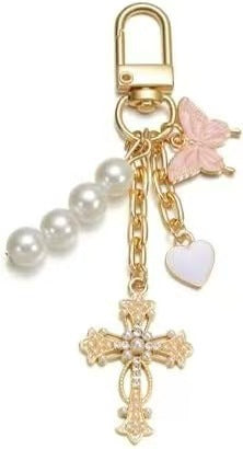 Wholesale Zinc Alloy Heart Butterfly Cross Keychain Bag Charm For Women Car Keys Wallet Pearl Initial Pendant