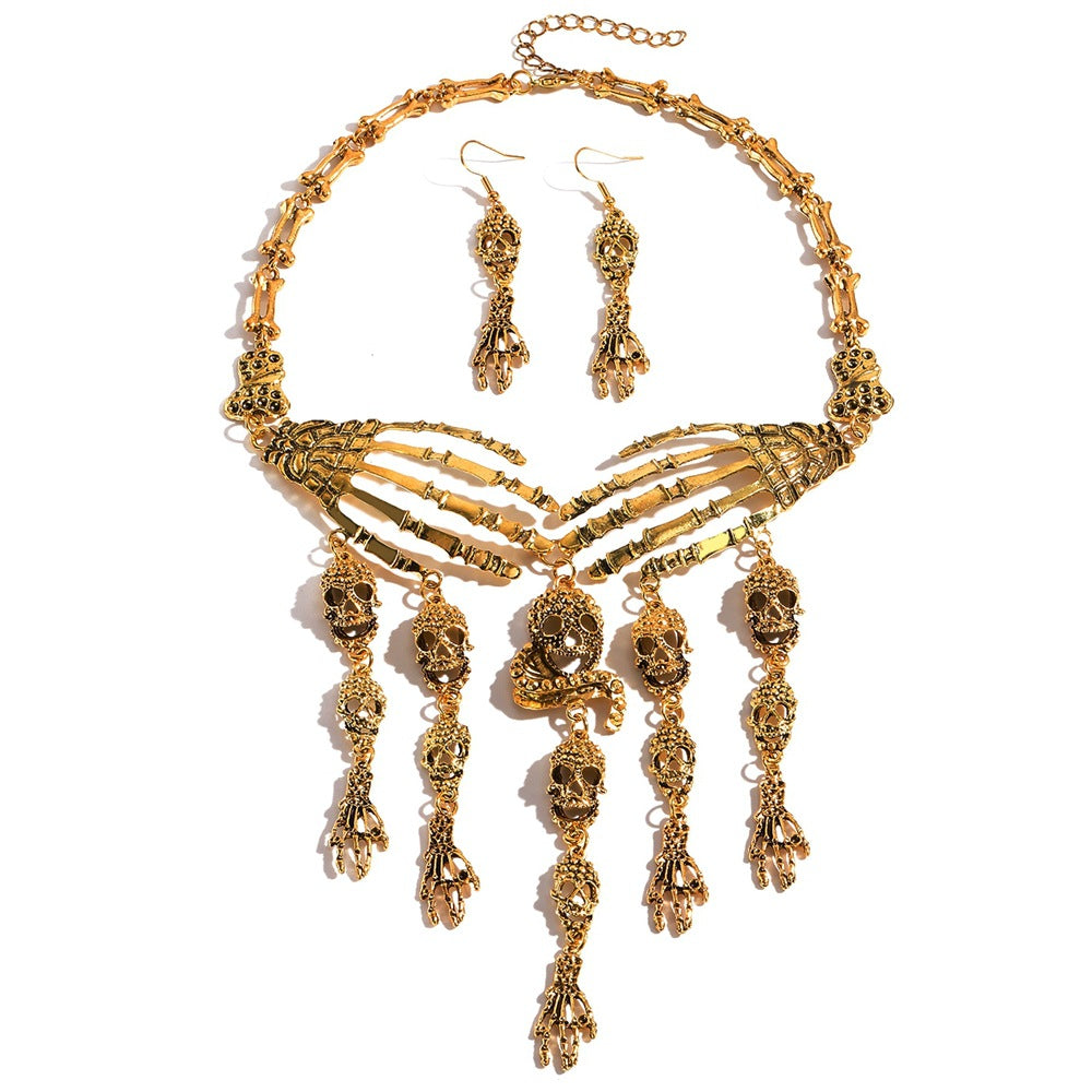Wholesale Punk Retro Skeleton Hand Skull Necklace Earrings Set  Jewelry Party Accessory Gift