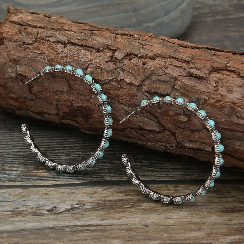 Wholesale Alloy Electroplated Retro Geometric Circle Earrings with Turquoise Inlay - Fashion Accessory