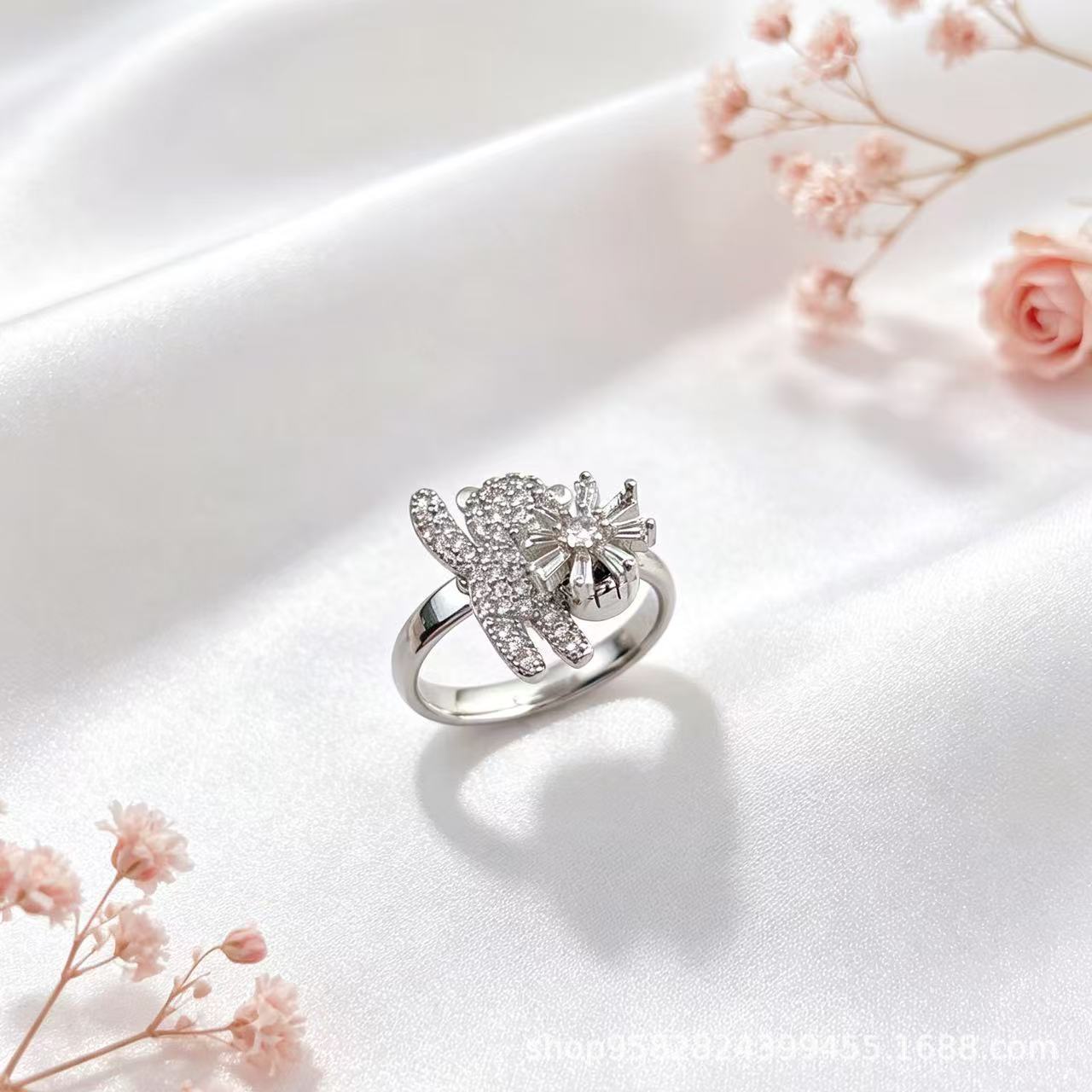 Wholesale 360° Rotating Double-Layer Flower Ring Gold Plated Zircon Fashion Accessory Boutique Gift