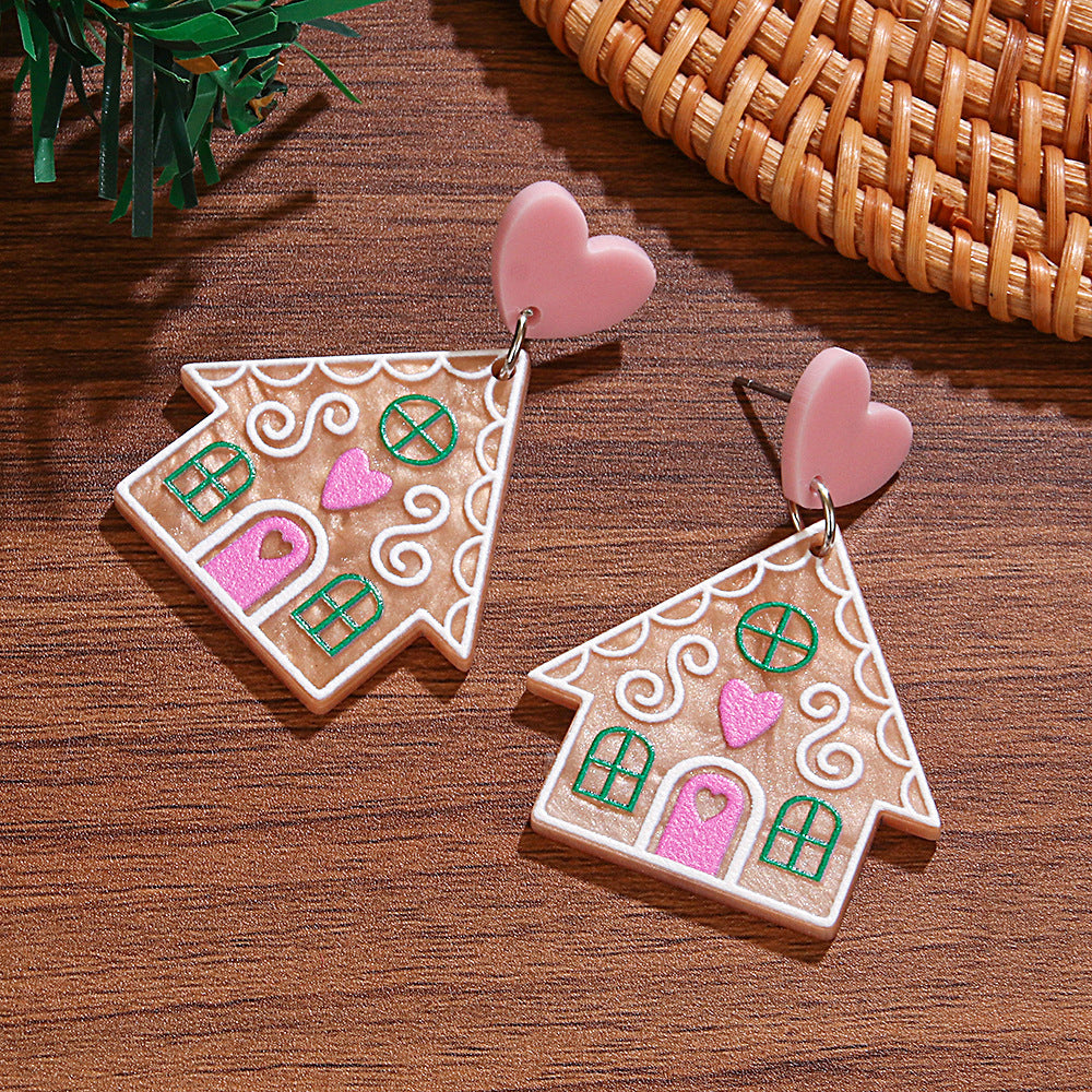 Wholesale  Creative Acrylic Love Cabin Christmas Earrings