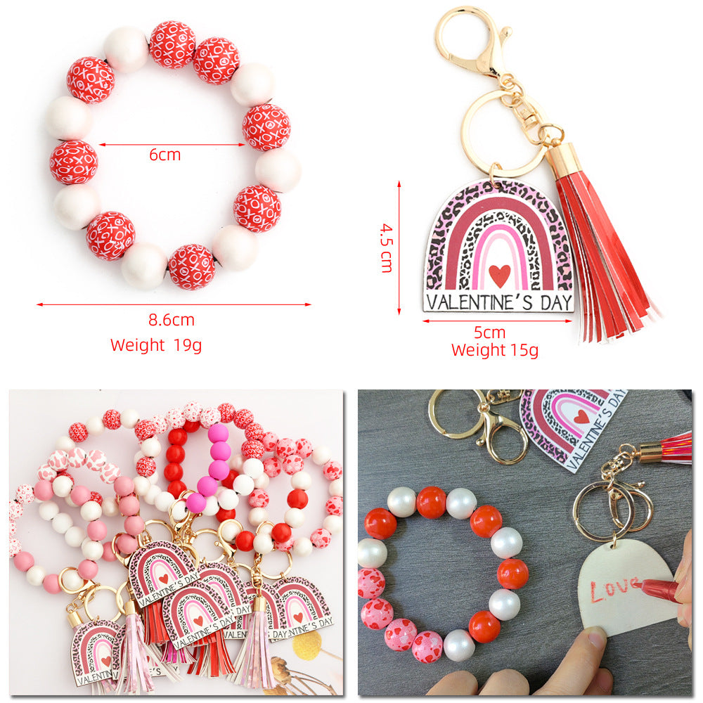 Wholesale Valentine's Day Gift Rainbow Love Wooden Beads Beaded Wrist Keychain