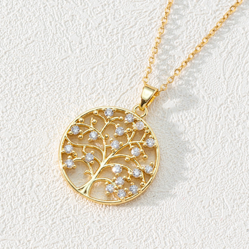 Wholesale Round Hollow Tree of Life Pendant Necklace 18K Gold Plated Necklace Zircon Necklaces ACC-NE-SY007