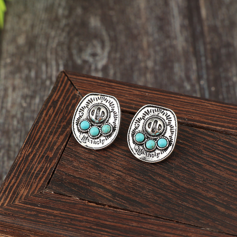 Wholesale Vintage Bohemian Alloy Distressed Totem Earrings Geometric Turquoise Jewelry Accessory