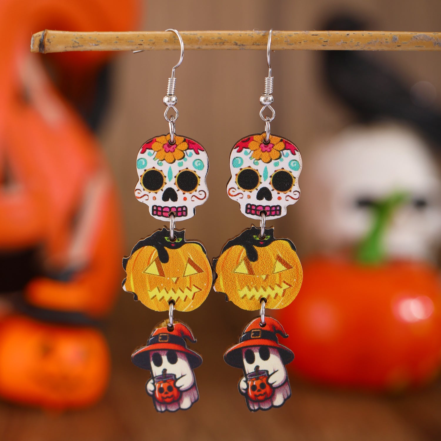 Wholesale  Pumpkin Skull Ghost Printed Wood Earrings Women' s Jewelry Accessory