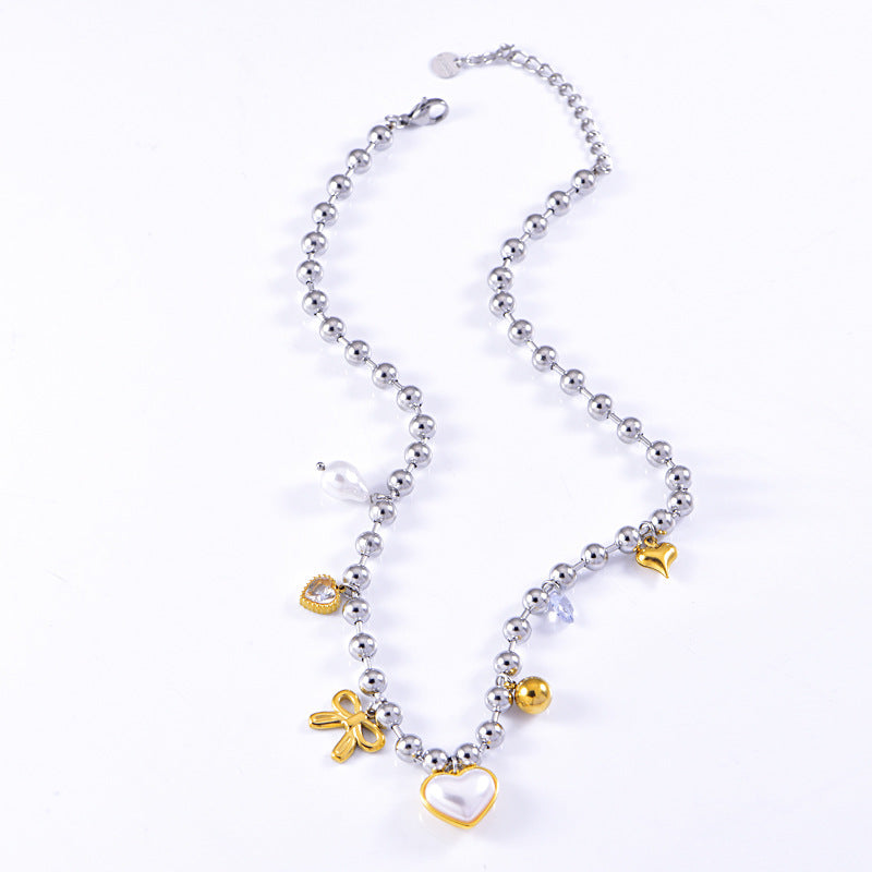 Wholesale Stainless steel two-color mix-and-match beaded thick necklace