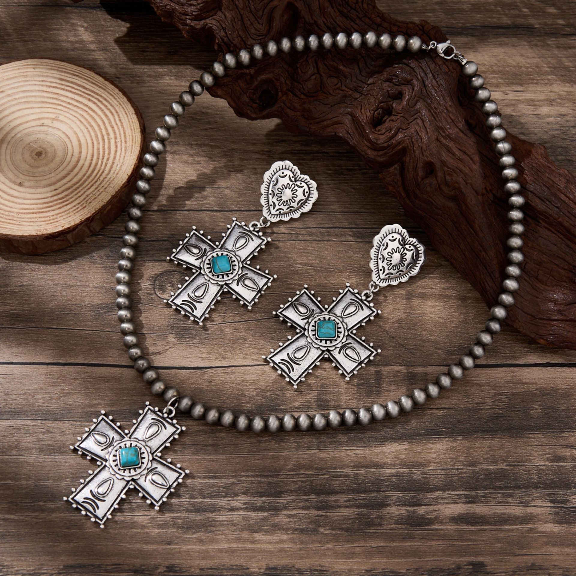 Wholesale Zinc Alloy Heart-Shaped Cross Jewelry Set Vintage Western Style Trendy Party Accessory