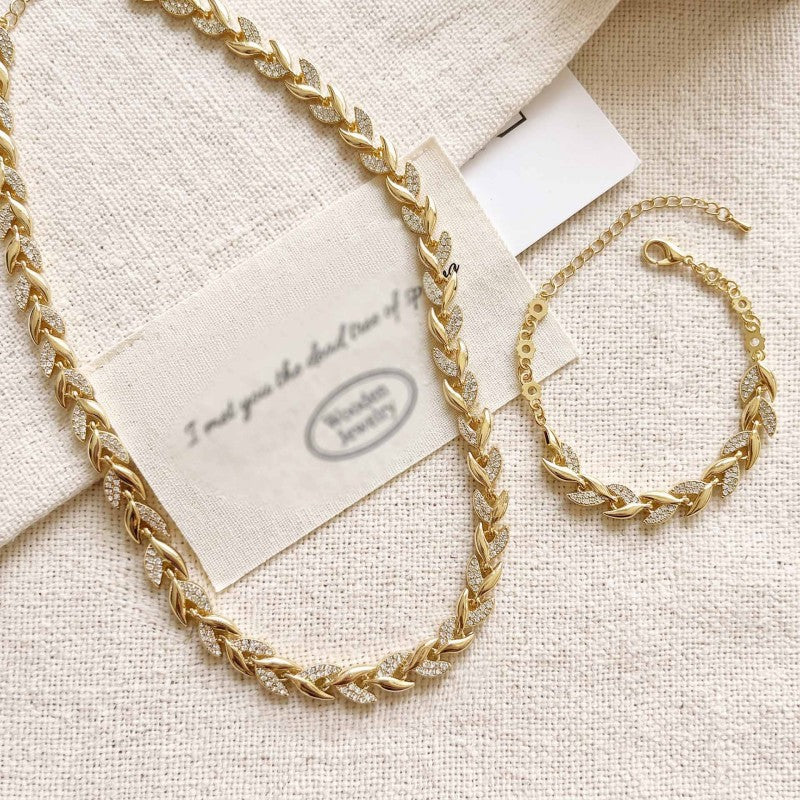 Wholesale Gold Electroplated Alloy Willow Leaf Rhinestone Cuban Chain Bracelet And Necklace Set Hip Hop Fashion Jewelry Accessory