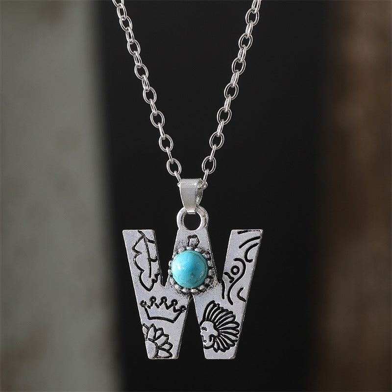 Wholesale  Retro 26 English Letter Turquoise Necklace Clavicle Chain