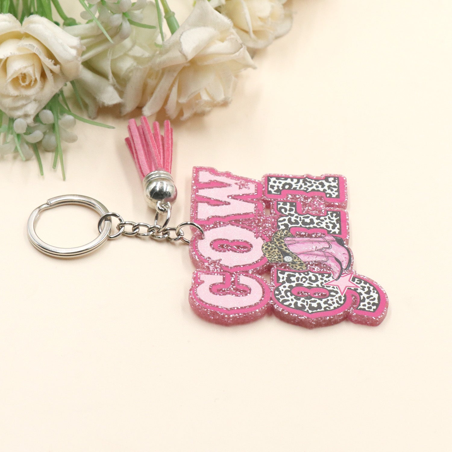 Wholesale Western Style COW GIRL Pink Glitter Acrylic Keychain Creative Keychain Western style ACC-KC-XiaoYan002