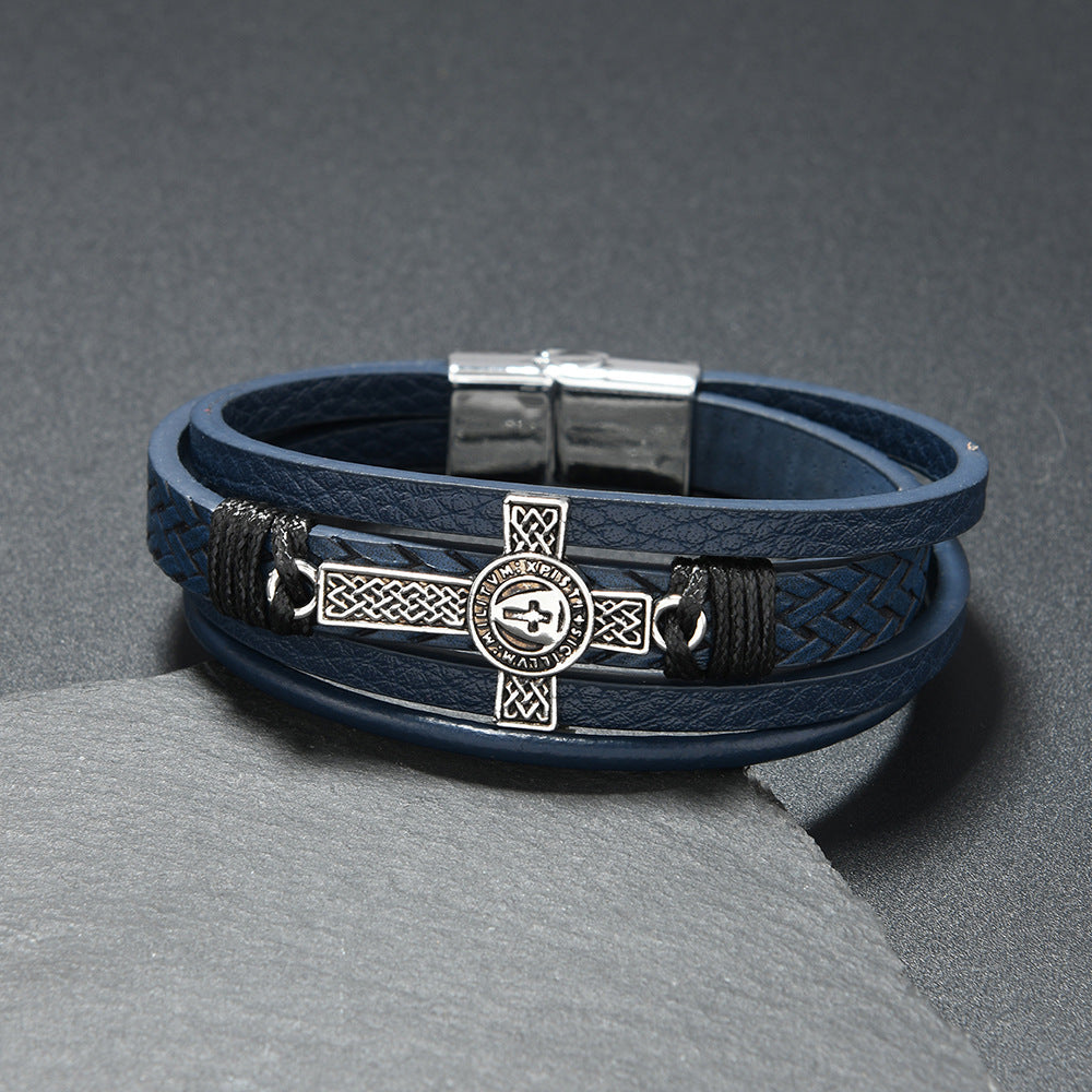 Wholesale Black Leather Men S Multi Layer Braided Cross Bracelet Casual Everyday Jewelry Accessory Gift