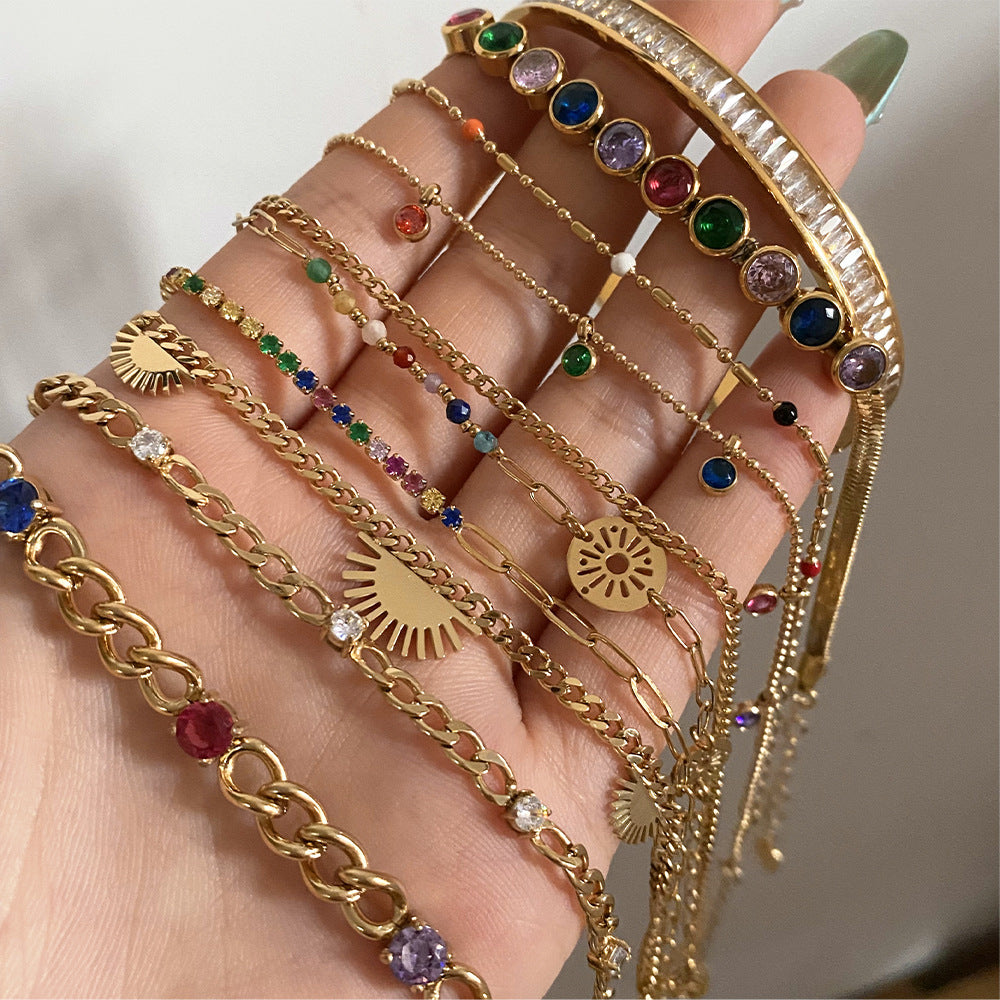 Wholesale  Stainless Steel Inlaid Colorful Zircon Geometric  Bracelet