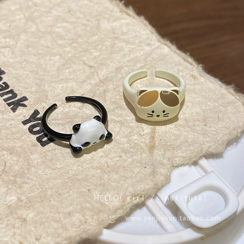 Wholesale Cute drop glaze small Panda small flower cat open ring