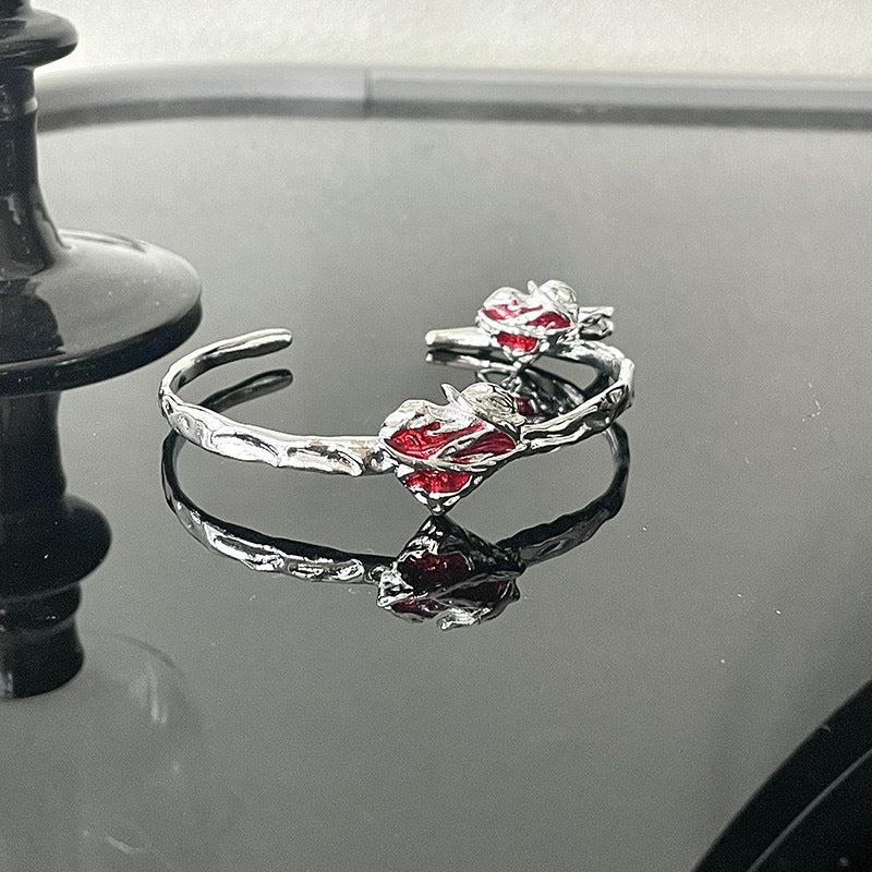 Wholesale  Red Enamel Open Bracelet Ring Set Women S French Style Heart Shape Jewelry Accessory Boutique Resale