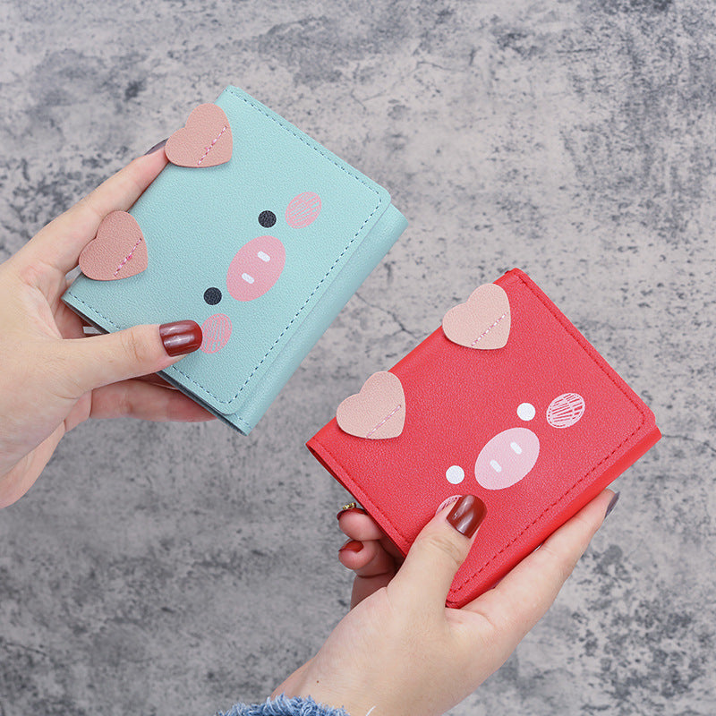 Wholesale PU Leather Cartoon Pig Print Tri Fold Wallet For Women Students Casual Daily Use