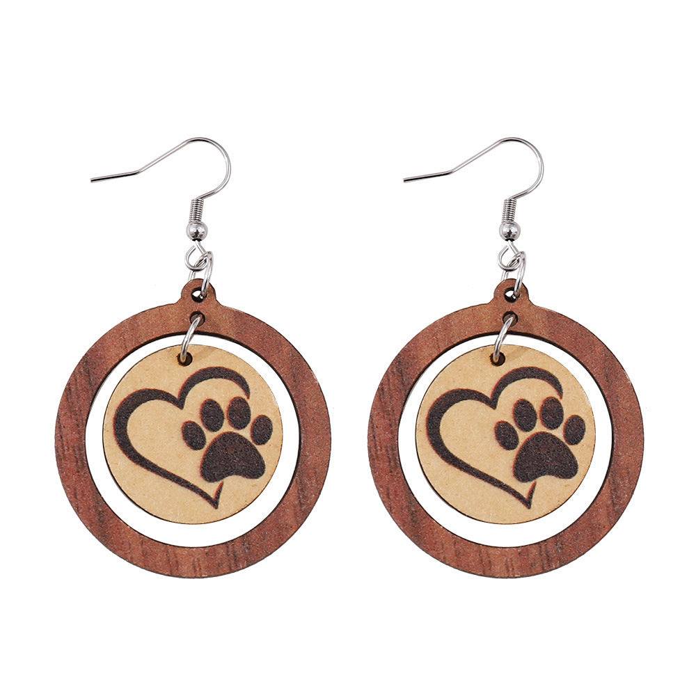 Wholesale  Paw Print  Double-sided Wooden Hanging Earrings