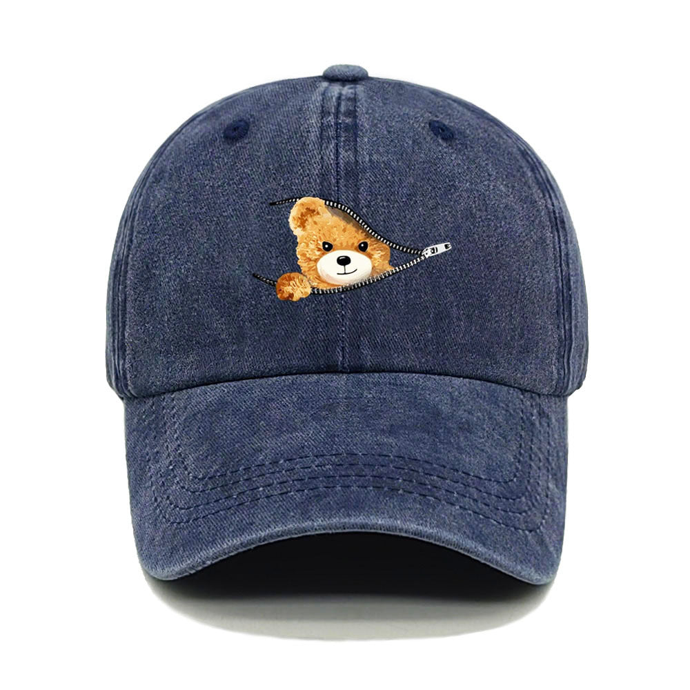 Wholesale Zipper Bear Print Cotton Vintage Washed Baseball Cap Hat
