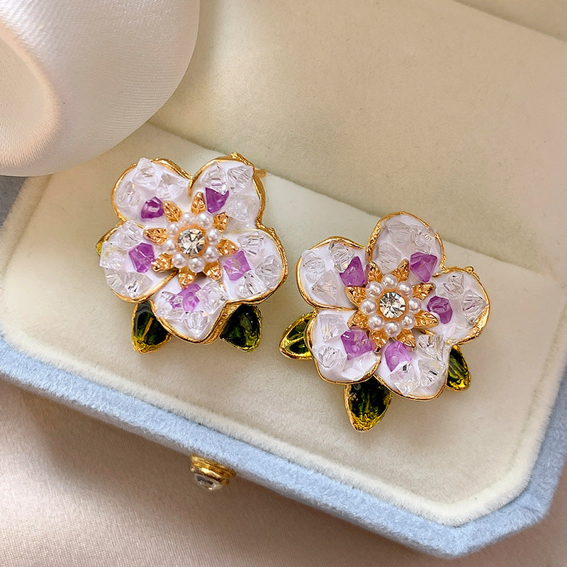 Wholesale Retro Pink Purple Camellia Ear Studs Earrings