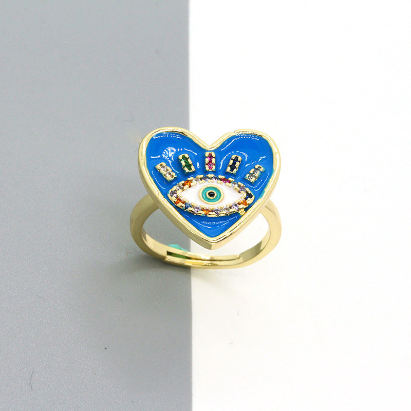Wholesale Trendy Evil Eye Heart Rhinestone Open Ring Drip Oil Finish Party Jewelry Accessory