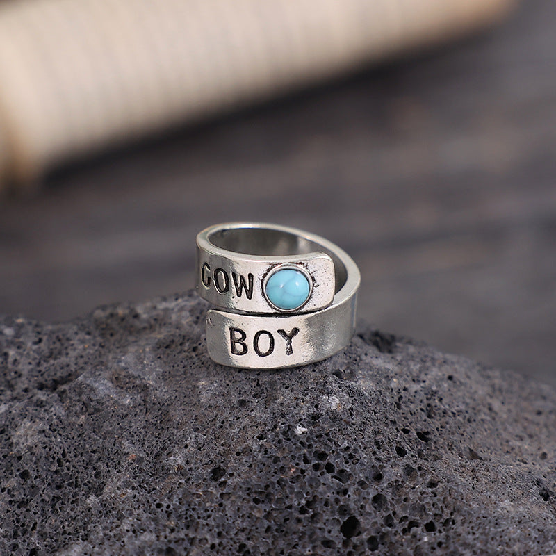 Wholesale  Fashion Ancient Silver Wide-brimmed English Letter Ring ins Cold Style Alloy Turquoise Open Ring