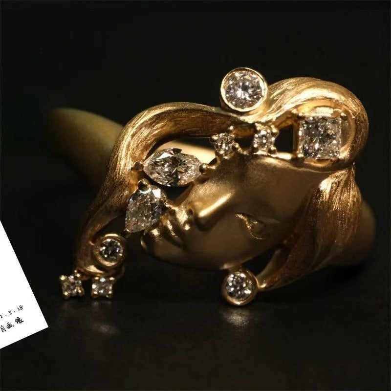 Wholesale retro portrait ring personality niche design diamond mask face food ring