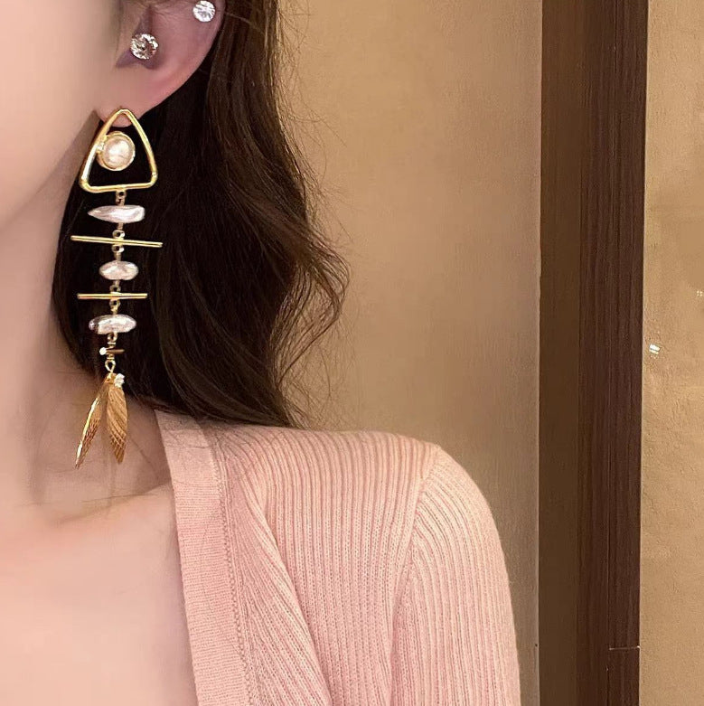 Wholesale Fishbone Pearl Tassel Earrings Seaside Vacation Style Fashion Accessory