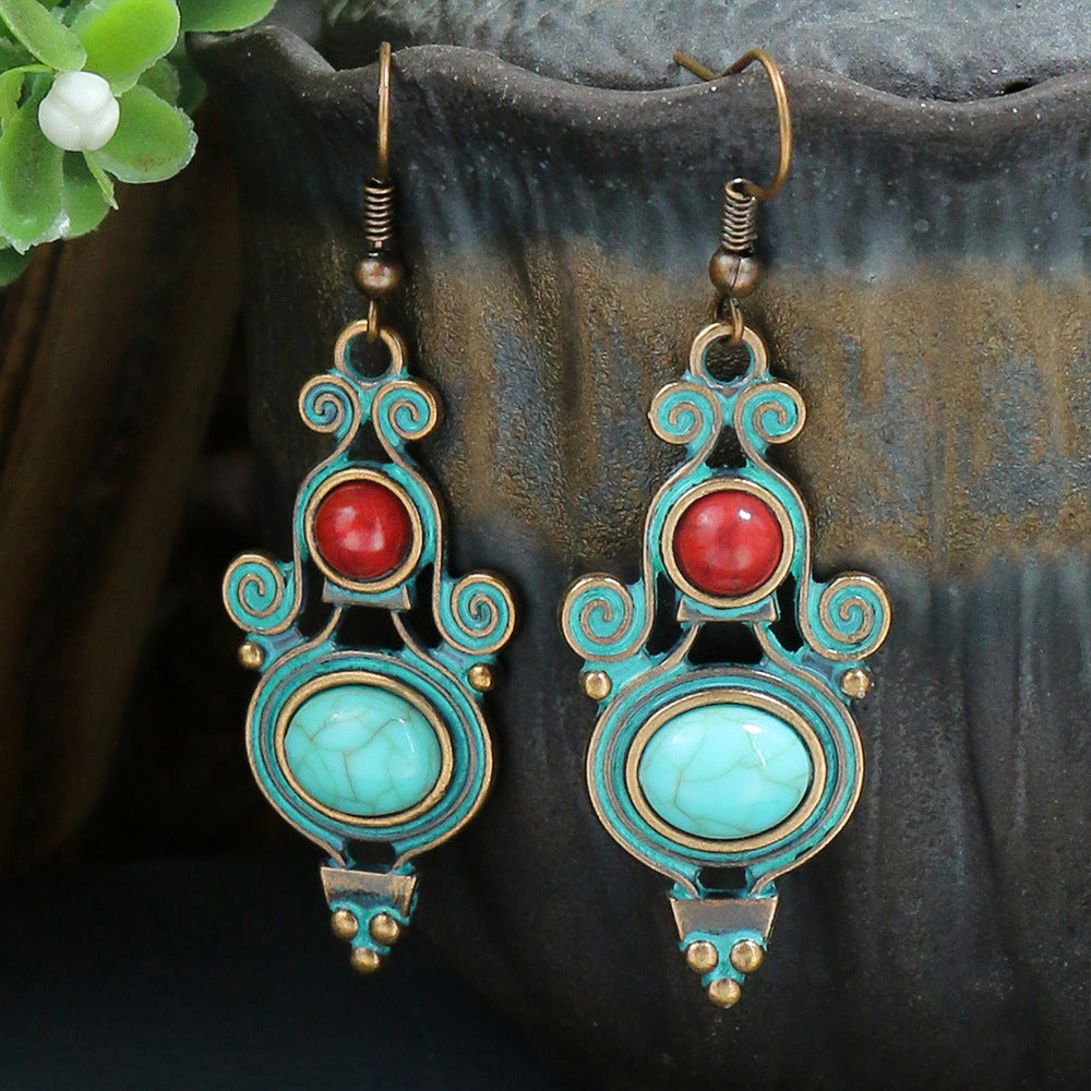 Wholesale Retro Ethnic Style Double Layer Turquoise Stud Earrings Tassel Earrings ACC-ES-MoMo008