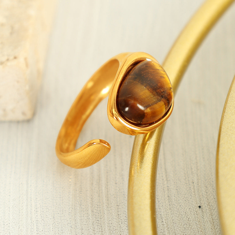 Wholesale French Retro Natural Tiger Eye Stone Ring Titanium Steel Plated with 18K Gold Elegant Niche Design Open Women' s Ring Accessible Luxury