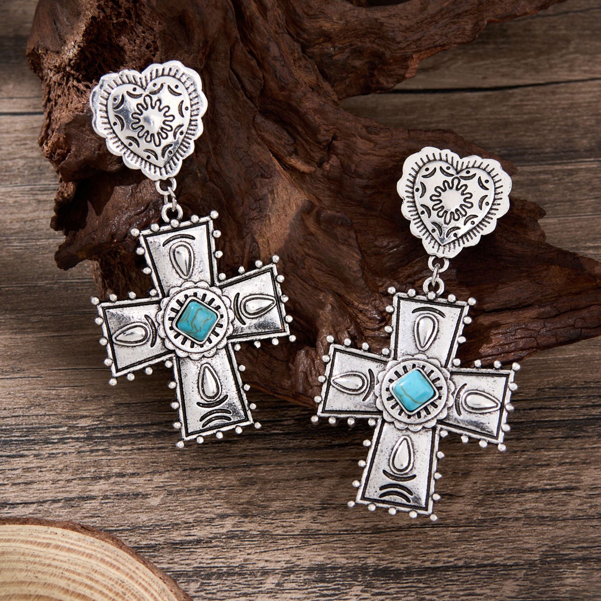 Wholesale Zinc Alloy Heart-Shaped Cross Jewelry Set Vintage Western Style Trendy Party Accessory