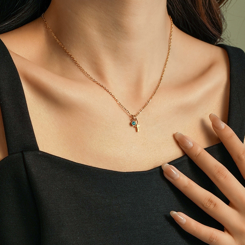 Wholesale Titanium Steel  Classic Twelve Constellations Birthstone Rhinestone Devil's Eye Cross Necklaces