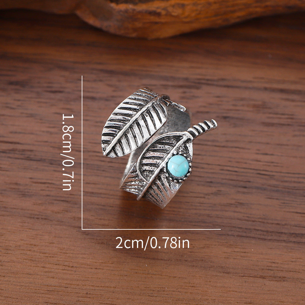 Wholesale  retro leaf turquoise opening adjustable ring