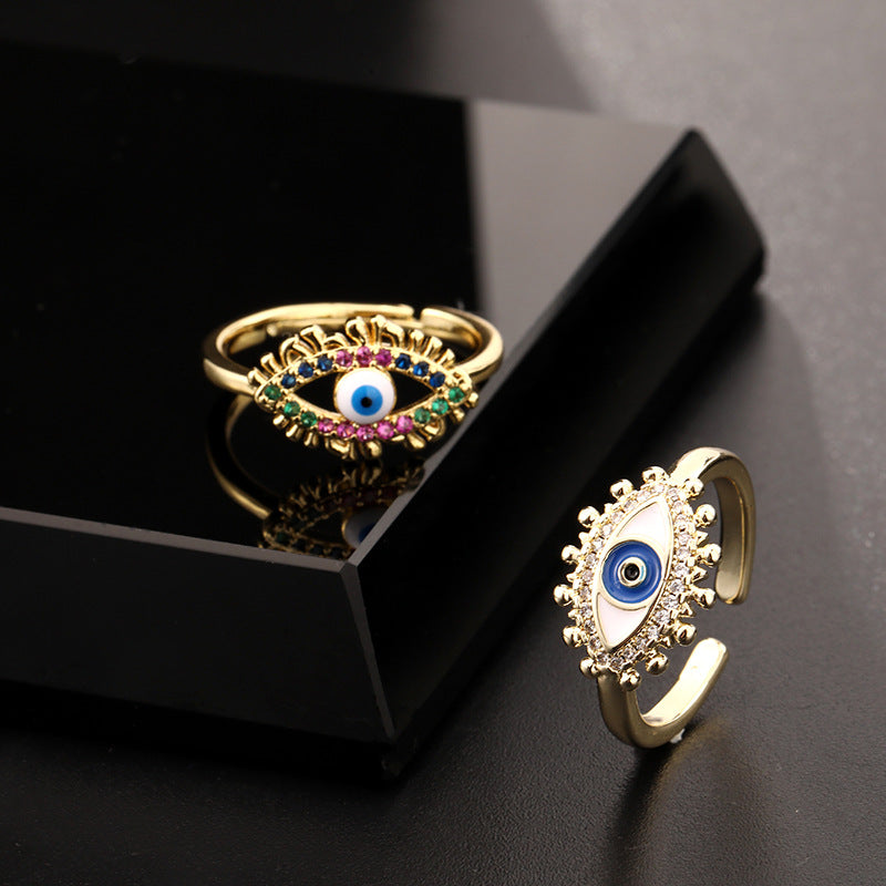 Wholesale Stylish Women S Open Ring With Colorful Enamel Zircon Eye Design Copper Electroplating Chic Jewelry Accessory For Gift And Resale
