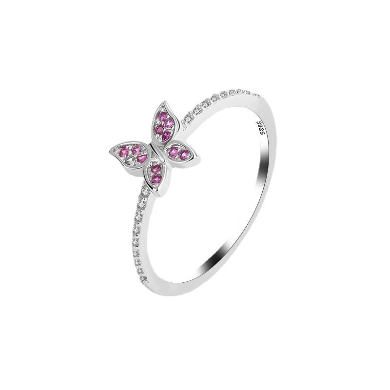 Wholesale S925 Sterling Silver Butterfly Pink Diamond Ring