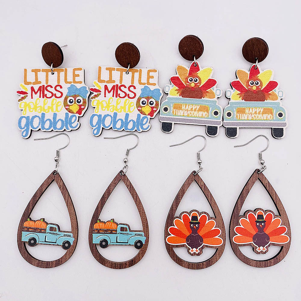 Wholesale Thanksgiving Halloween Pumpkin Turkey Car Water Drop Wood Earrings ACC-ES-ChenY043