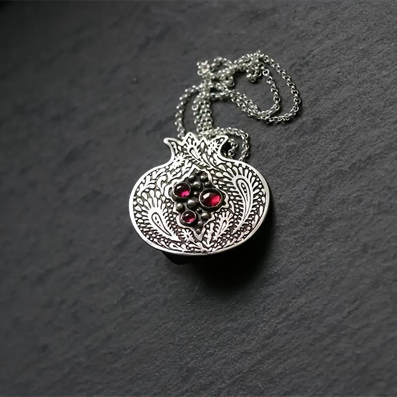 Wholesale  Retro Pomegranate Carved Ruby Pendant Necklace