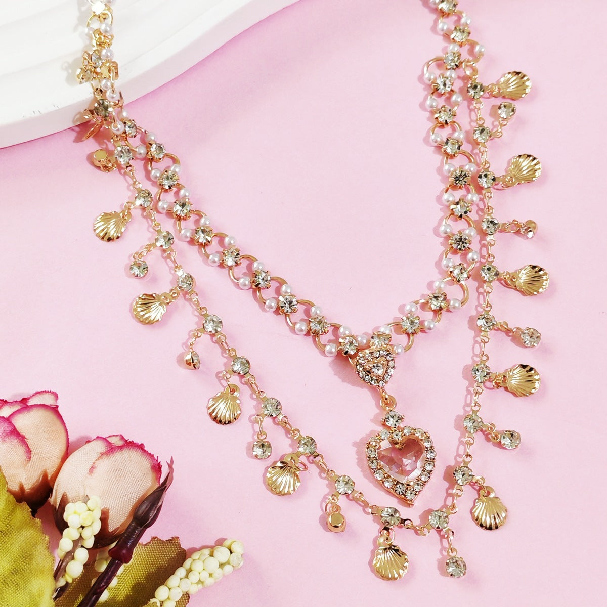 Wholesale Blue Love Shell Double Layer Gold Necklace Heart Necklace ACC-NE-JunJie002