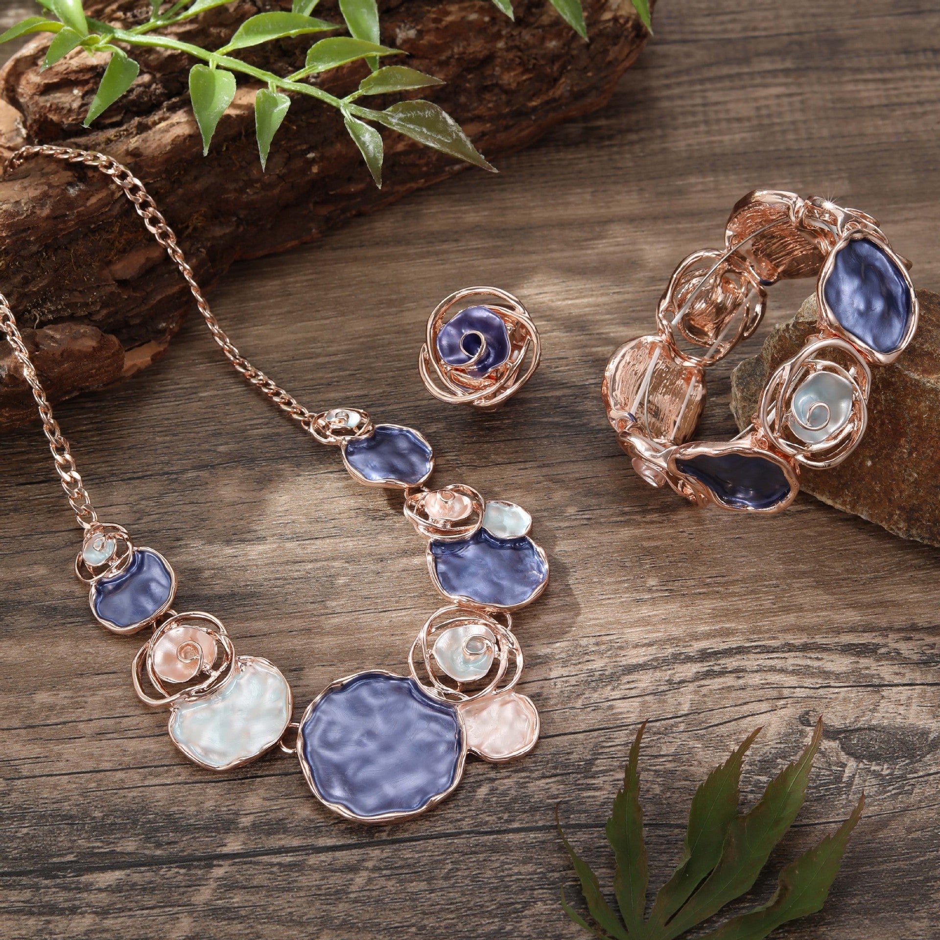 Wholesale  Color Painted Oil Rose Ring Bracelet Necklace suit