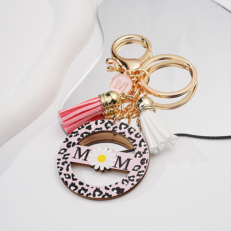 Wholesale Creative Hollow Pink Round Keychain Pendant Mother's Day Personalized Daisy English Keychain Accessories ACC-KC-HuiWen009