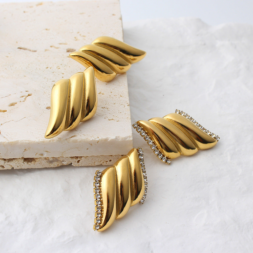 Wholesale Geometric Angel Wings White Black Oil Drop Edged Zircon Earrings Stainless Steel Earrings ACC-ES-ChengBing001