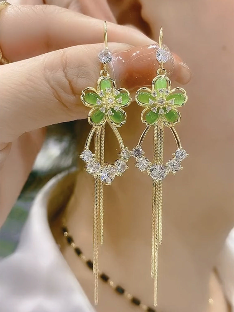 Wholesale Green Cat's Eye Flower Tassel Earrings