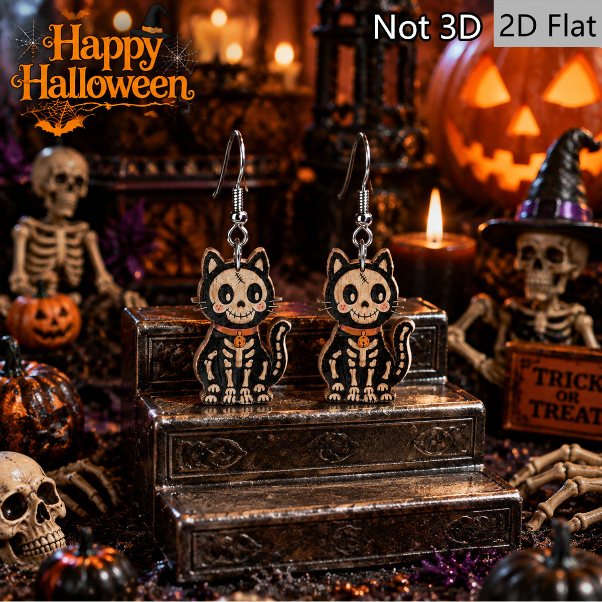 Wholesale Retro  Wooden Drop Earrings With Skull And Black Cat Print Women S Fashion Jewelry
