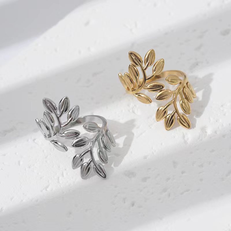 Wholesale Titanium Steel Open Ring Leaf Shape Adjustable Ring