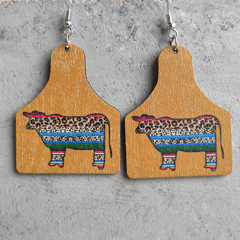 Wholesale 3 Pairs/pack Western Style Aztec Cow Wooden Earrings Cow print ACC-ES-HY007